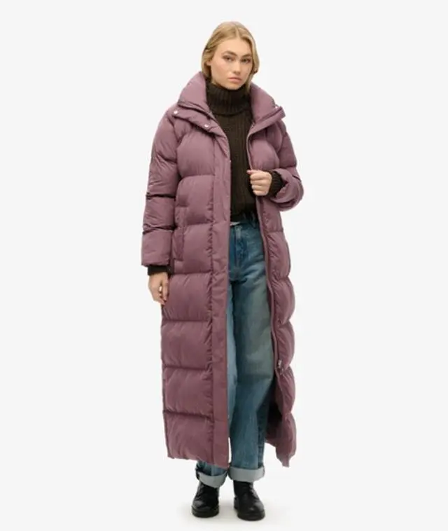 Superdry Women's Embroidered Logo Maxi Longline Puffer Coat, Purple, 