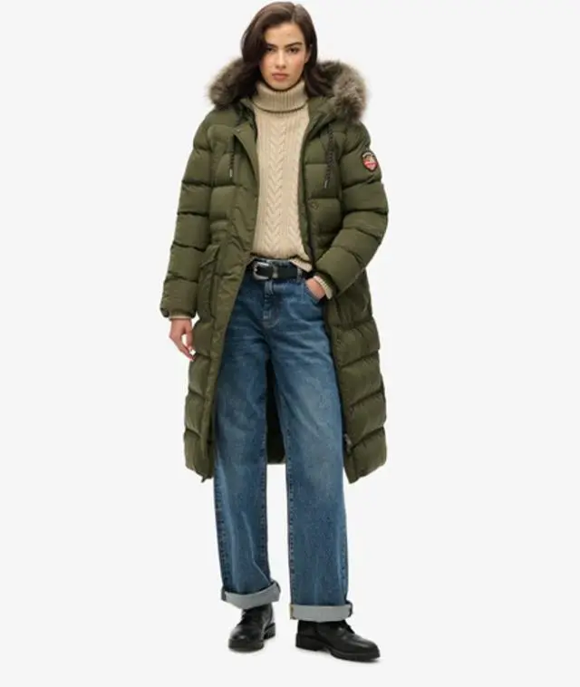 Superdry Women's Everest Faux Fur Longline Coat Khaki / Army Khaki - 