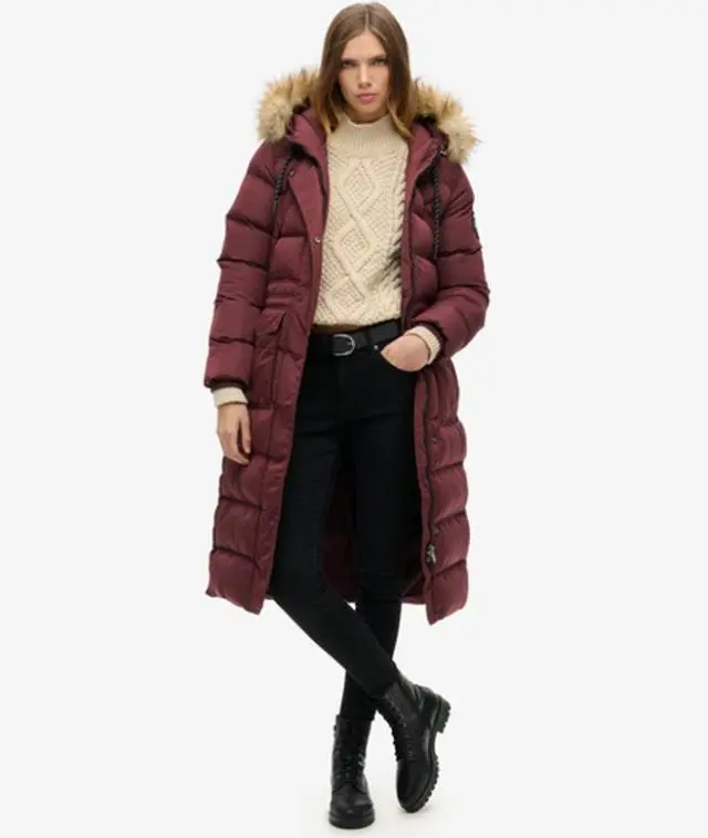 Superdry Women's Everest Faux Fur Long Coat Purple / Albarn Clay Burgundy - 