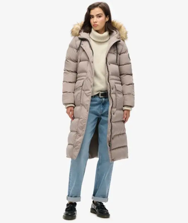 Superdry Women's Everest Faux Fur Longline Coat Beige / Deep Beige Slub - 