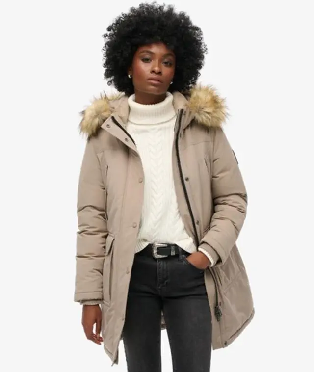 Superdry Women's Everest Faux Fur Parka Coat Beige / Deep Beige Slub - 