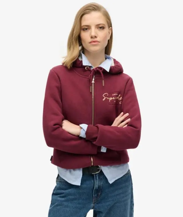 Superdry Women's Luxe Metallic Logo Zip Hoodie Purple / Burgundy - 