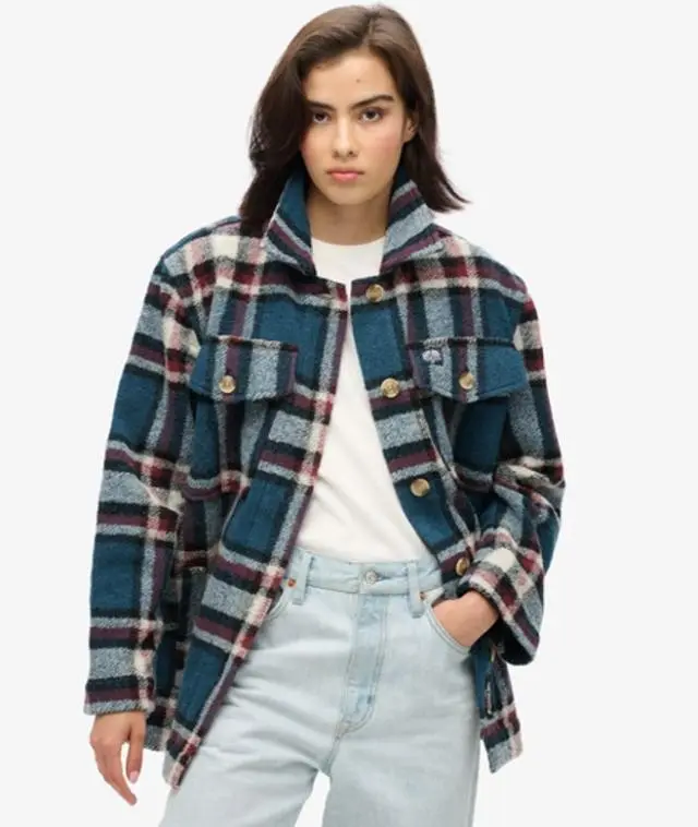 Superdry Women's Checked Heavyweight Unlined Overshirt, Blue & Brown, 