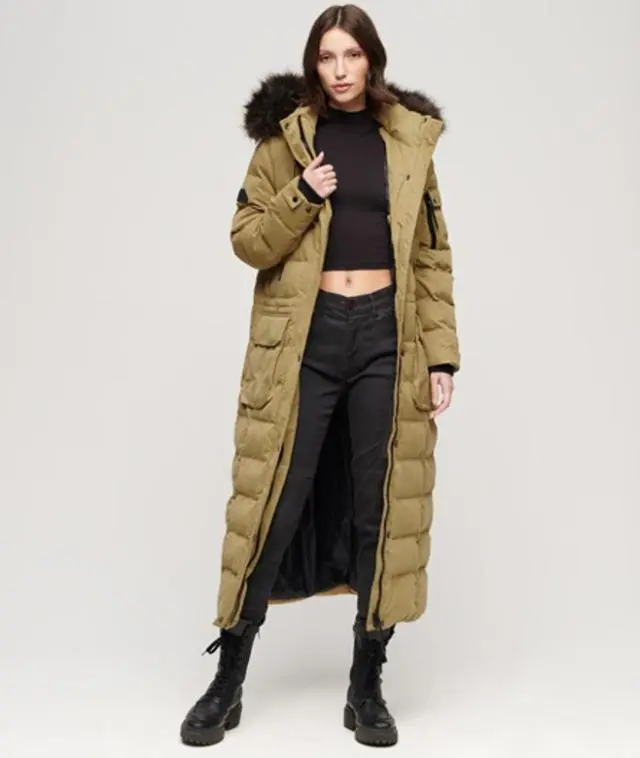 Superdry & Co Women's Fully Lined Faux Fur Hooded Parka Long Coat, Tan, 