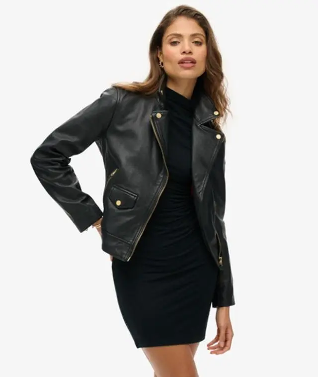 Superdry Ladies Slim Fit Studded Leather Biker Jacket, Black, 