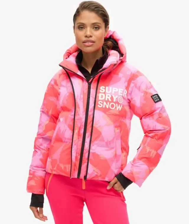 Superdry Women's Hooded Ski Boxy Puffer Jacket Pink / Brush Camo Coral - 