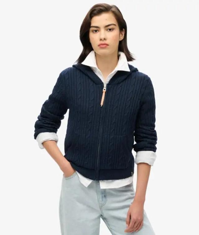 Superdry Women's Slim Fit Cable Knit Zip Up Hoodie, Navy Blue, 