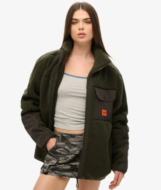 Superdry Women's Oversized Expedition Borg Hybrid Jacket Green / Surplus Goods Olive Green - 
