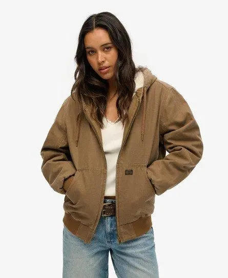 Superdry Women's Oversized Vintage Workwear Hooded Bomber Jacket, Dark Brown,