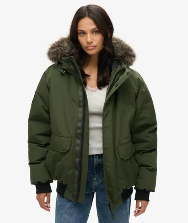 Superdry & Co Women's Classic Oversized Everest Faux Fur Bomber Jacket, Dark Green, 