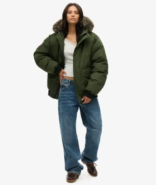 Superdry Women's Classic Oversized Everest Faux Fur Bomber Jacket, Dark Green, 