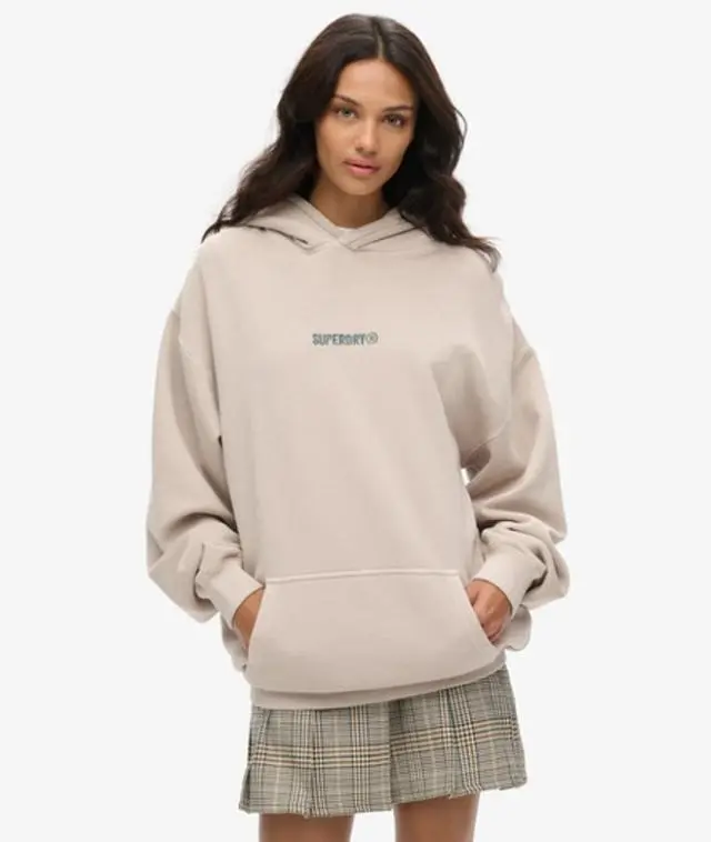 Superdry Women's Oversized Micro Logo Graphic Hoodie Beige / Chateau Gray - 