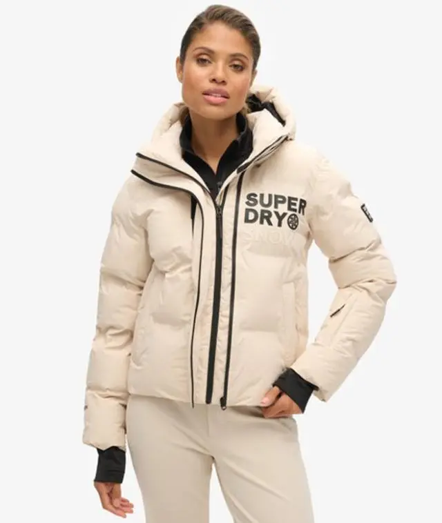 Superdry Women's Hooded Ski Boxy Puffer Jacket Grey / Off Grey - 