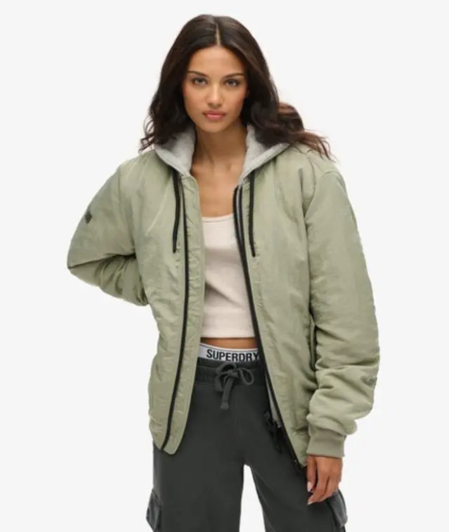 Superdry Women's Oversized Military Hooded MA1 Jacket, Green, 