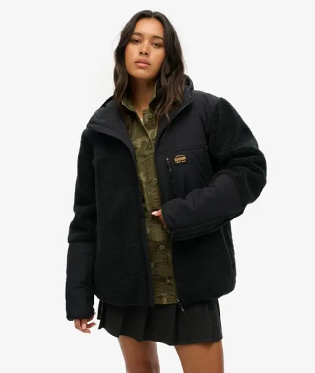 Superdry & Co Women's Oversized Hood Expedition Borg Hybrid Jacket, Black, 
