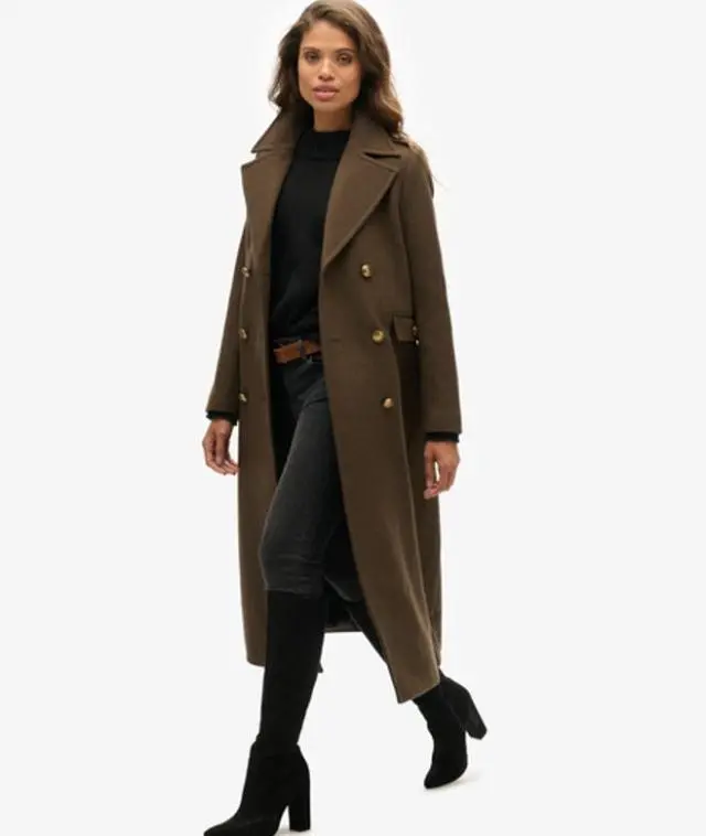 Superdry & Co Women's Slim Fit Double Breasted Coat, Dark Khaki, 