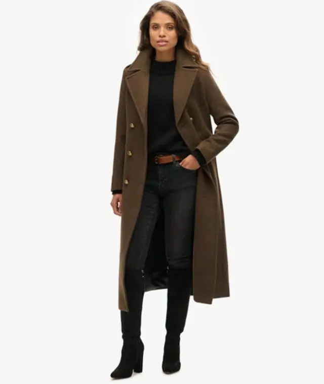 Superdry Women's Slim Fit Double Breasted Coat, Dark Khaki, 