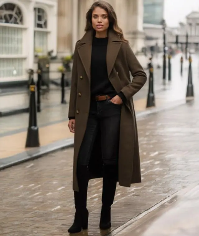 Superdry Women's Slim Fit Double Breasted Coat, Dark Khaki, 