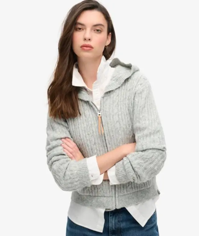 Superdry Women's Cable Knit Zip Up Hoodie Cream / Cable Pale Grey Marl - 