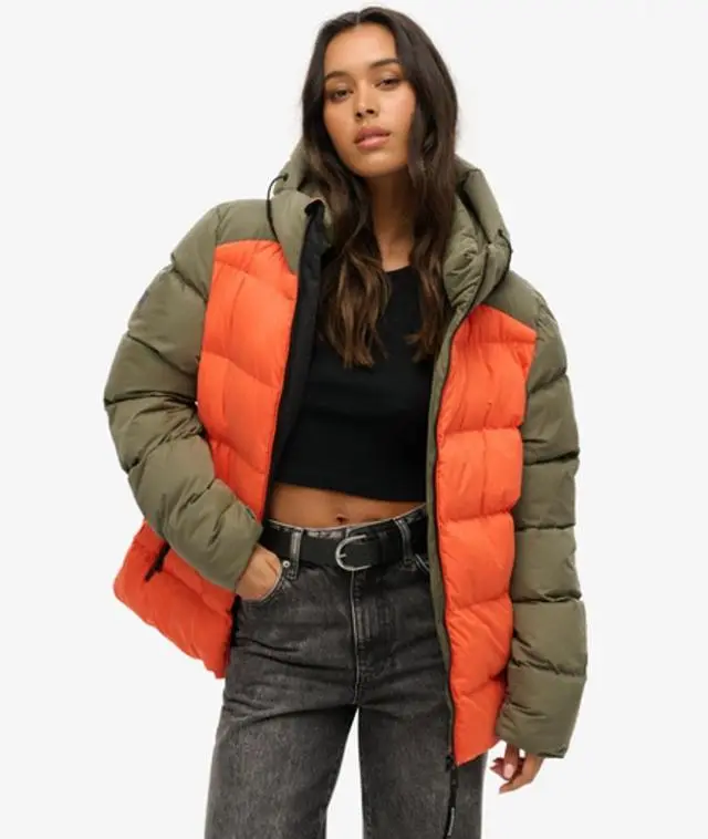 Superdry Women's Classic Colourblock Oversized Sport Puffer Jacket, Khaki and Orange, 