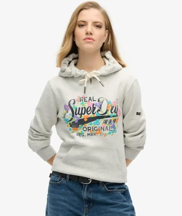 Superdry Women's Real Originals Floral Hoodie Light Grey / Glacier Grey Marl - 