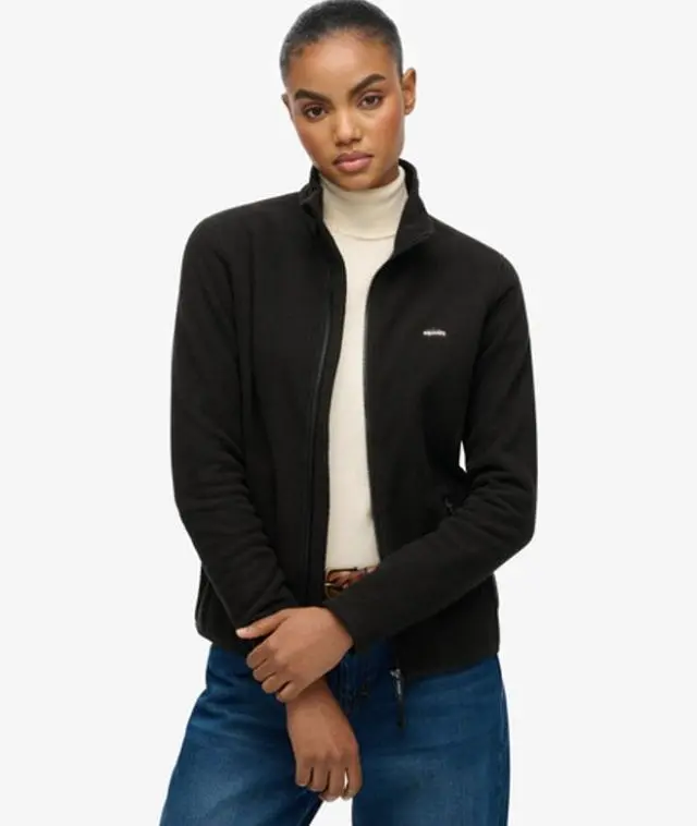 Superdry & Co Women's Classic Embroidered Logo Polar Fleece Full Zip Jacket, Black, 