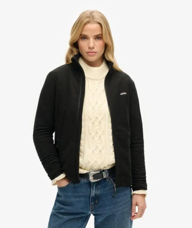 Superdry Women's Classic Embroidered Logo Polar Fleece Full Zip Jacket, Black, 