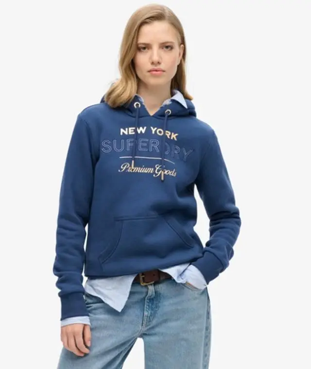 Superdry Women's Luxe Metallic Logo Hoodie Dark Blue / Sargasso Sea Blue - 