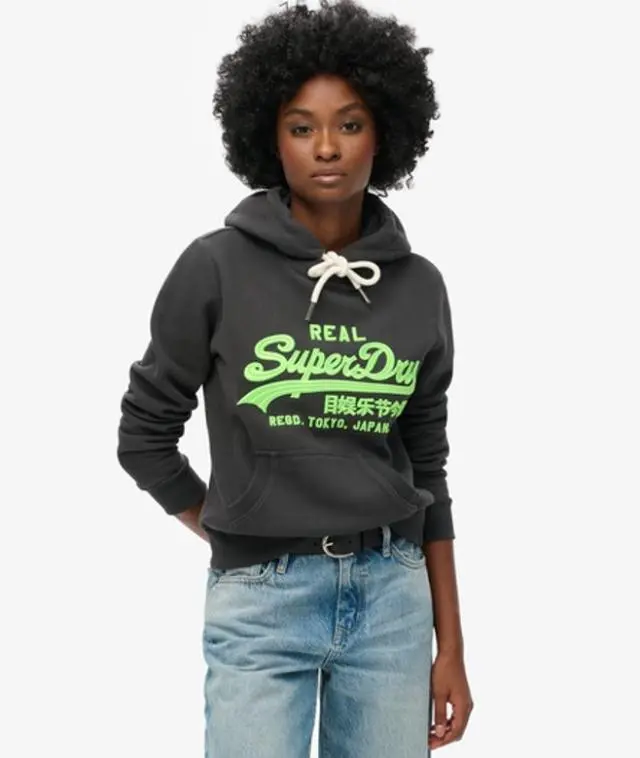 Superdry Women's Neon Vintage Logo Embroidered Graphic Hoodie Black / Blackboard - 
