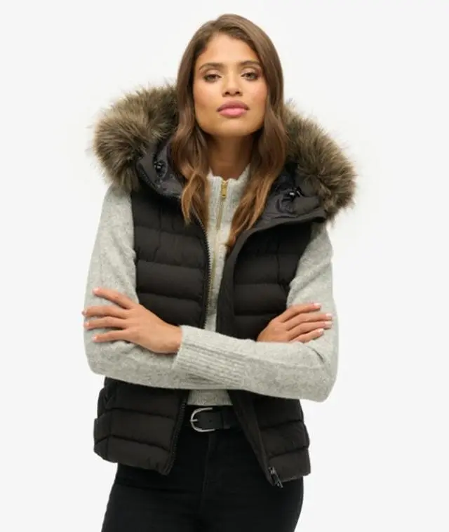 Superdry Women's Fuji Faux Fur Hooded Gilet Black -