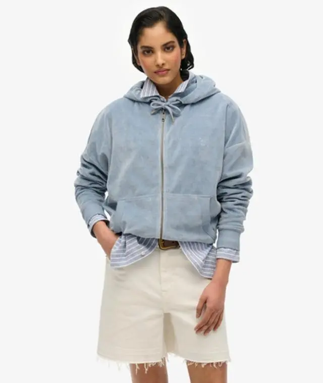 Superdry & Co Women's Classic Embroidered Logo Velour Zip Hoodie Full Hoodie, Blue, 