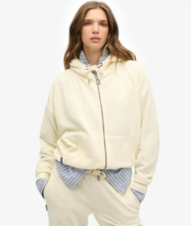 Superdry Women's Velour Zip Hoodie White / Desert Bone Off White -