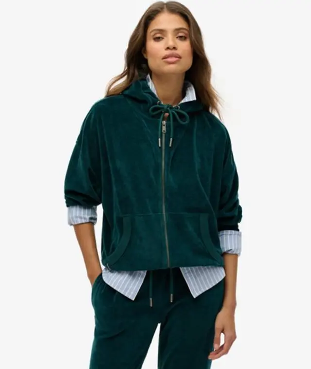 Superdry Women's Velour Zip Hoodie Green / Dark Pine Green - 