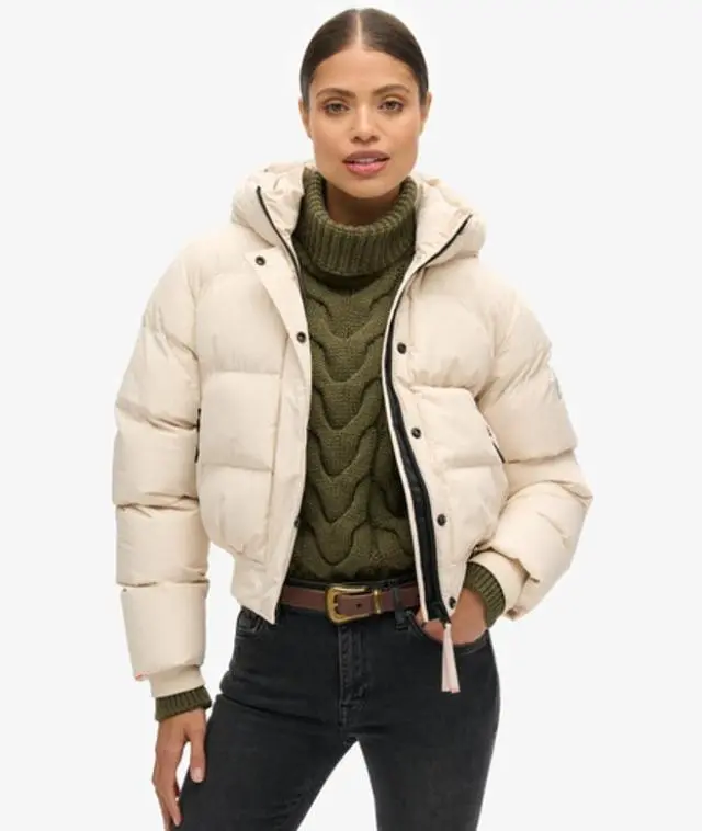 Superdry Women's Hooded Sports Puffer Bomber Jacket Grey / Off Grey - 
