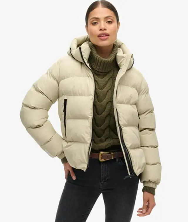 Superdry Women's Hooded Sports Puffer Jacket Beige / Pelican Beige - 