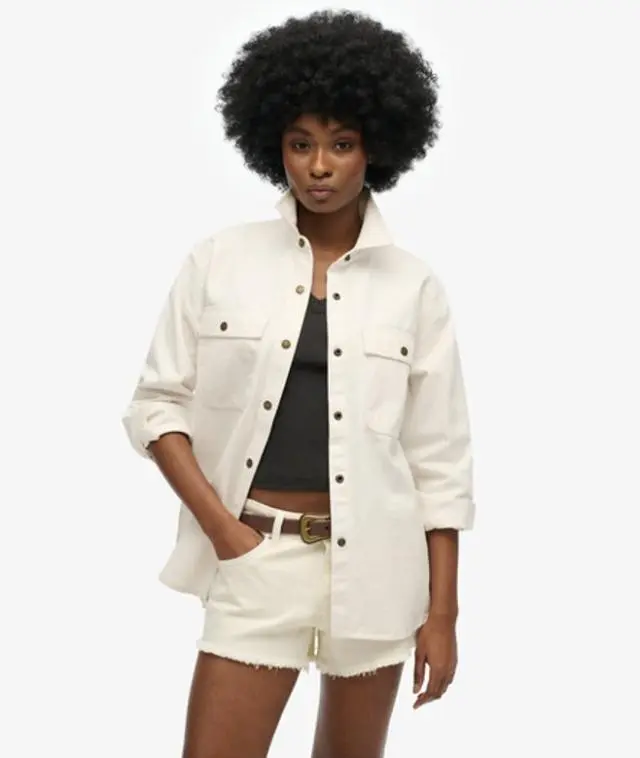 Superdry Women's Cotton Workwear Overshirt, Cream & White, 