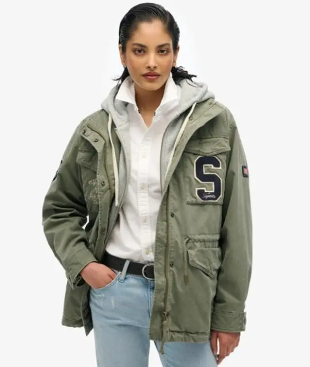 Superdry Women's Jersey Hooded Embroidered Military Jacket Green / Dusty Olive Green - 