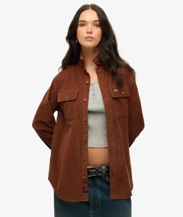 Superdry Women's Oversized Corduroy Workwear Shirt Brown / Potting Soil Brown -