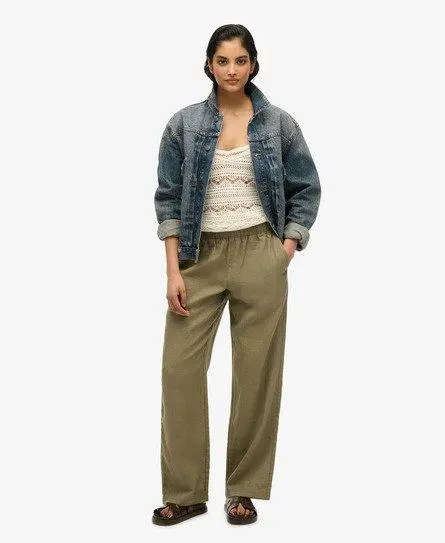 Superdry Women's Linen Drawstring Pants Khaki / Light Khaki Green -
