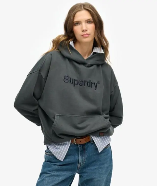 Superdry Women's Embroidered Core Logo Relaxed Hoodie Dark Grey / Ebony - 