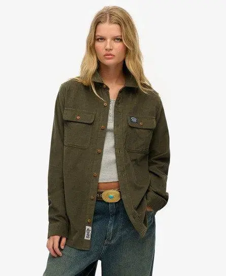 Superdry Women's Oversized Corduroy Workwear Shirt Green / Dark Moss Green -