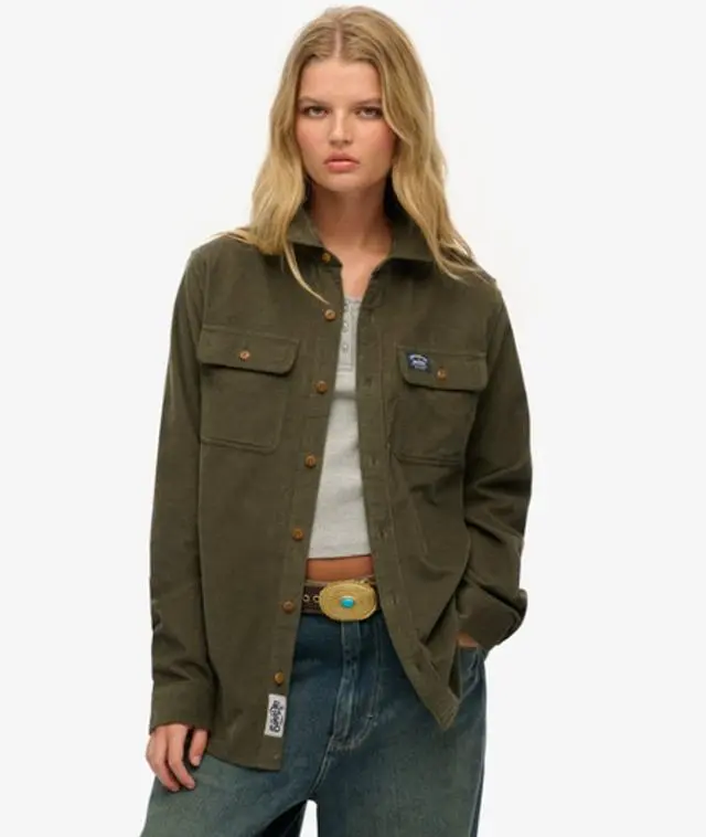 Superdry Women's Oversized Corduroy Workwear Shirt Green / Dark Moss Green - 