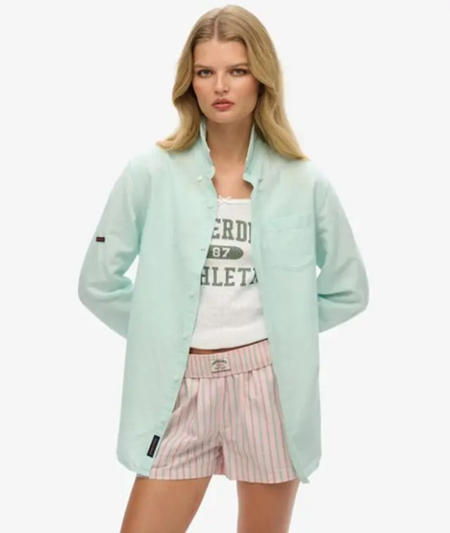 Superdry Women's Oversized Studios Linen Button Down Shirt Blue / Plume Blue - 