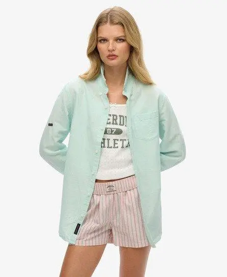 Superdry Women's Oversized Studios Linen Button Down Shirt Blue / Plume Blue -