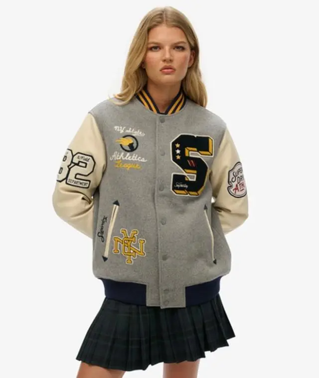 Superdry Women's Oversized College Patched Bomber Jacket Grey / Grey Marl - 