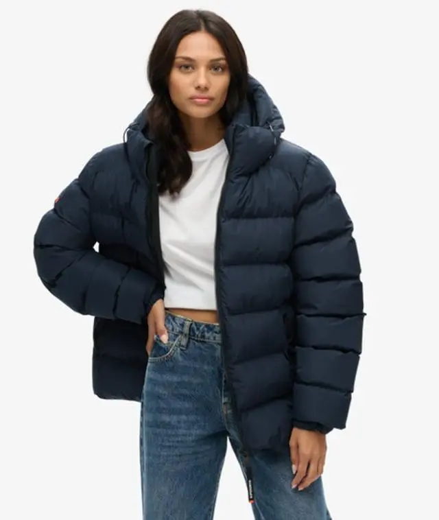 Superdry Women's Oversized Hooded Sports Puffer Jacket, Navy Blue, 