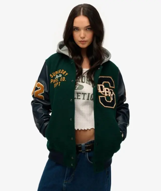 Superdry Women's Oversized Hooded College Patched Bomber Green / Dark Pine Green - 