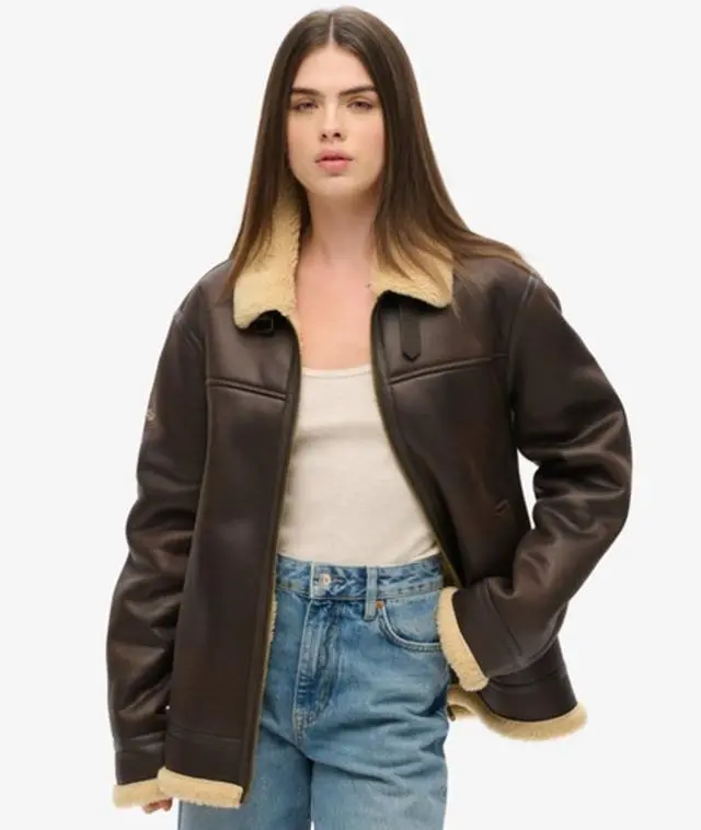 Superdry Women's Oversized Faux Shearling Aviator Jacket Brown / Dark Brown - 