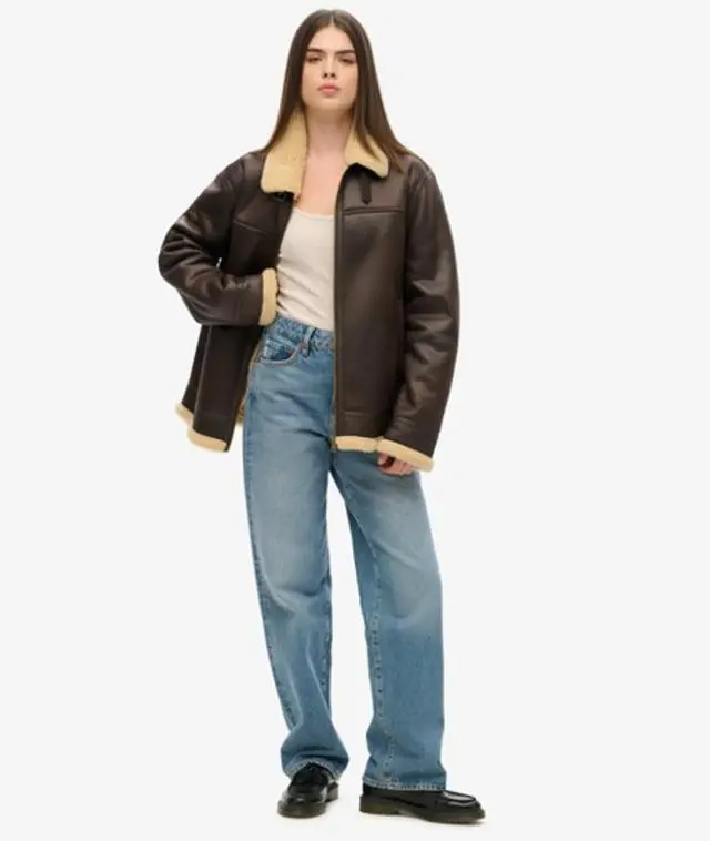 Superdry Women's Oversized Faux Shearling Aviator Jacket Brown / Dark Brown - 