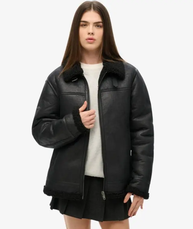 Superdry Women's Oversized Faux Shearling Aviator Jacket Black - 